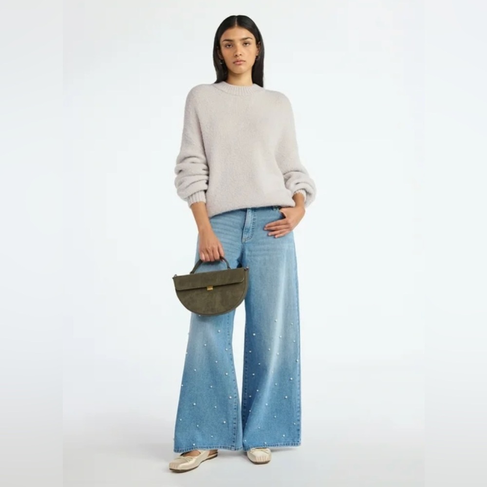 Women's Wide Leg Jeans with Faux Pearl Accents